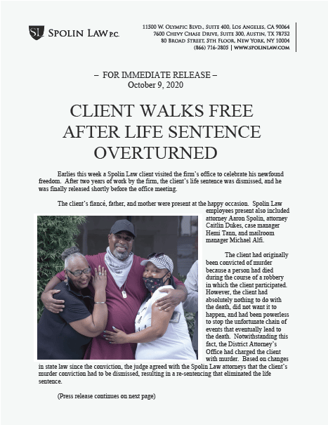 Press Release page titled Client Walks Free After Life Sentence Overturned